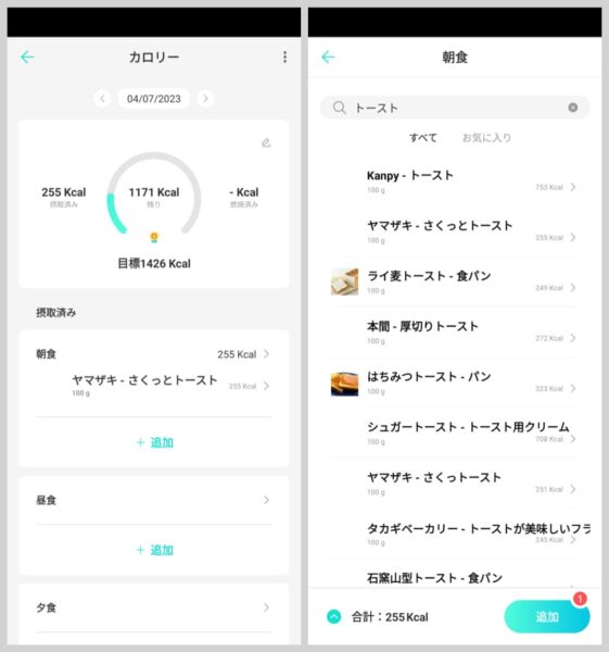「カロリー」の項目では、手動で食べたものを入力することで日々の摂取カロリーを記録できる