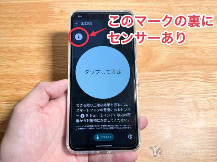 Pixel 8 Proのセンサー（左上の温度計マークの裏）が測定対象の真上にくるように