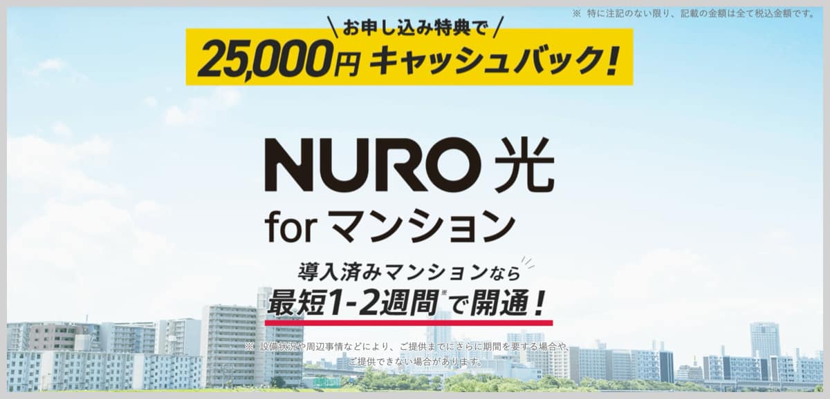 コストパフォーマンスが高いNURO光 for マンション